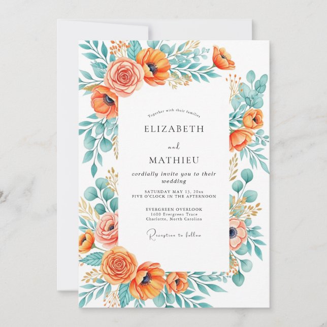 Orange Teal Exuberant Summer Wedding Invitation (Front)