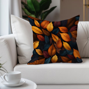 Orange Teal Fall Autumn Leaves Cushion