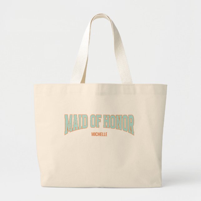 Orange + Teal Faux Glitter Varsity MAID OF HONOR  Large Tote Bag (Front)