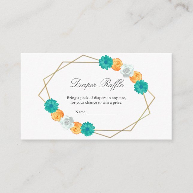 Orange Teal Floral Geometric Baby Diaper Raffle Enclosure Card (Front)