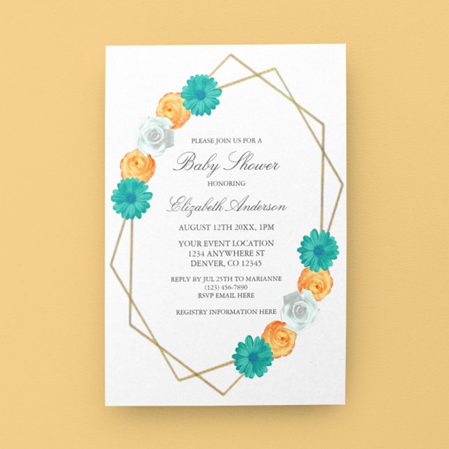 Orange Teal Floral Geometric Baby Shower Invitation (Creator Uploaded)