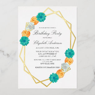 Orange Teal Floral Geometric Birthday