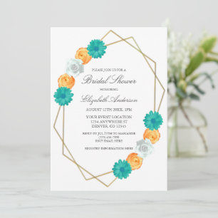 Orange Teal Floral Geometric Bridal Shower Invitation