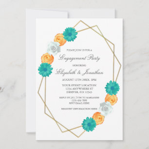 Orange Teal Floral Geometric Engagement Party Invitation