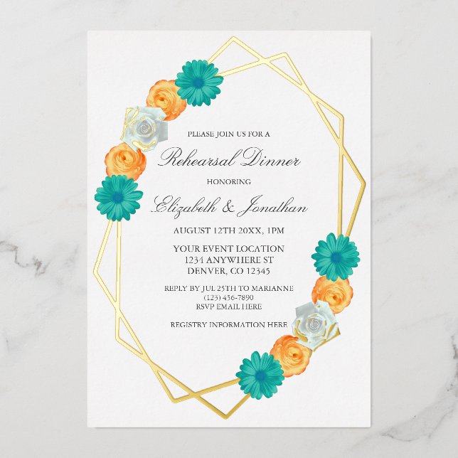 Orange Teal Floral Geometric Rehearsal Dinner (Front)