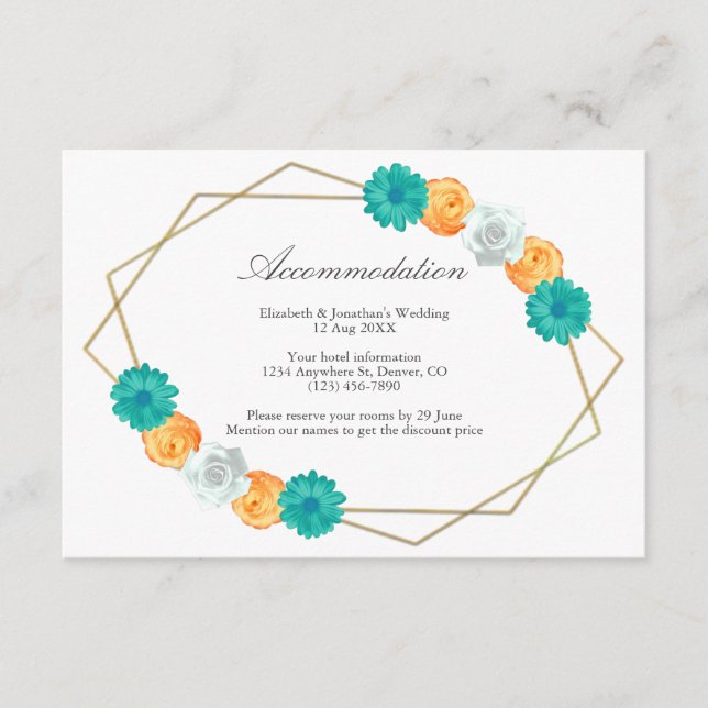 Orange Teal Floral Geometric Wedding Accommodation Enclosure Card (Front)