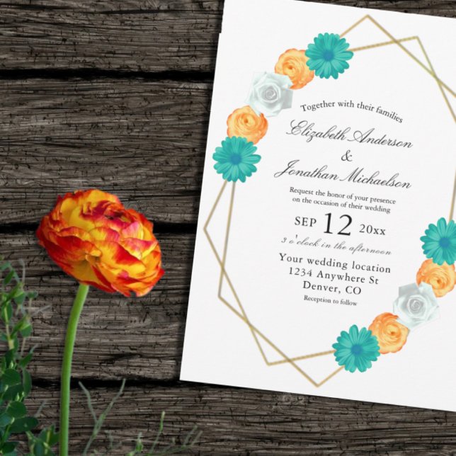 Orange Teal Floral Geometric Wedding Invitation (Creator Uploaded)