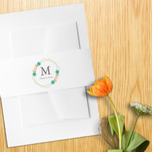 Orange Teal Floral Geometric Wedding Invitation Belly Band