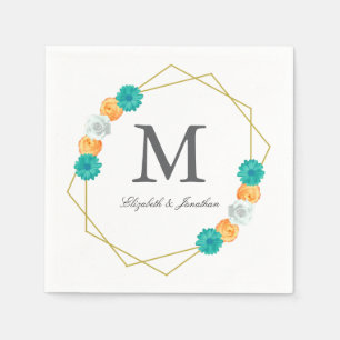 Orange Teal Floral Geometric Wedding Napkin