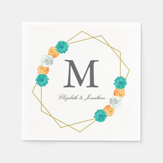 Orange Teal Floral Geometric Wedding Napkin (Front)