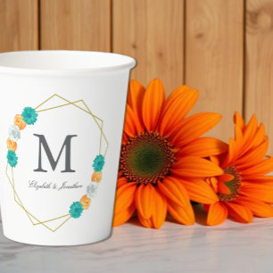 Orange Teal Floral Geometric Wedding Paper Cups