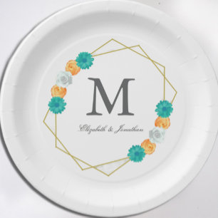 Orange Teal Floral Geometric Wedding Paper Plate