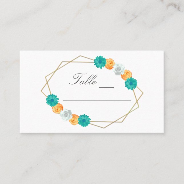 Orange Teal Floral Geometric Wedding Place Card (Front)