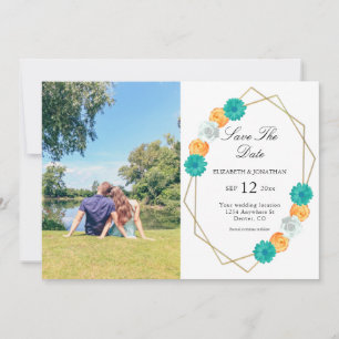 Orange Teal Floral Geometric Wedding Save The Date