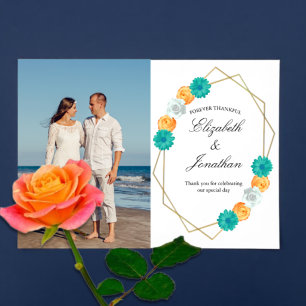 Orange Teal Floral Geometric Wedding Thank You Card