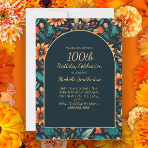 Orange Teal Flowers Black 100th Birthday Arch Invitation