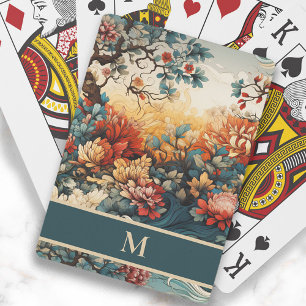 Orange Teal Flowers Leaves Monogram Initial Playing Cards