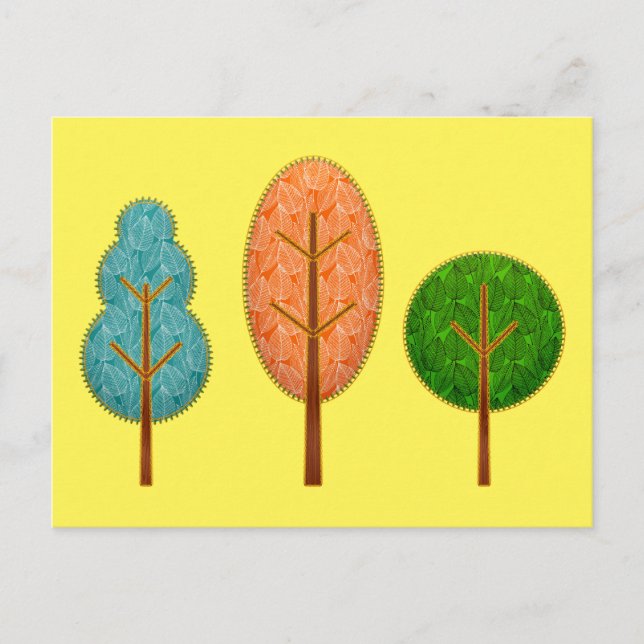 Orange Teal Green Trees with Stitching Yellow Postcard (Front)
