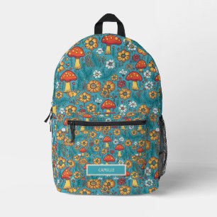 Orange Teal Mushrooms Monogram Name Camp School Printed Backpack