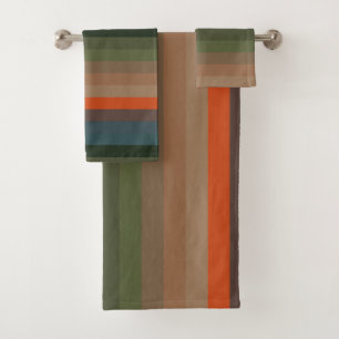 Orange, Teal & Olive Earthy Stripes Bath Towel Set