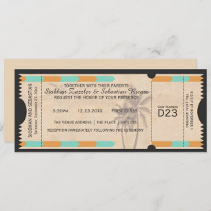 Orange Teal Palm Tree Boarding Pass Wedding Ticket Invitation