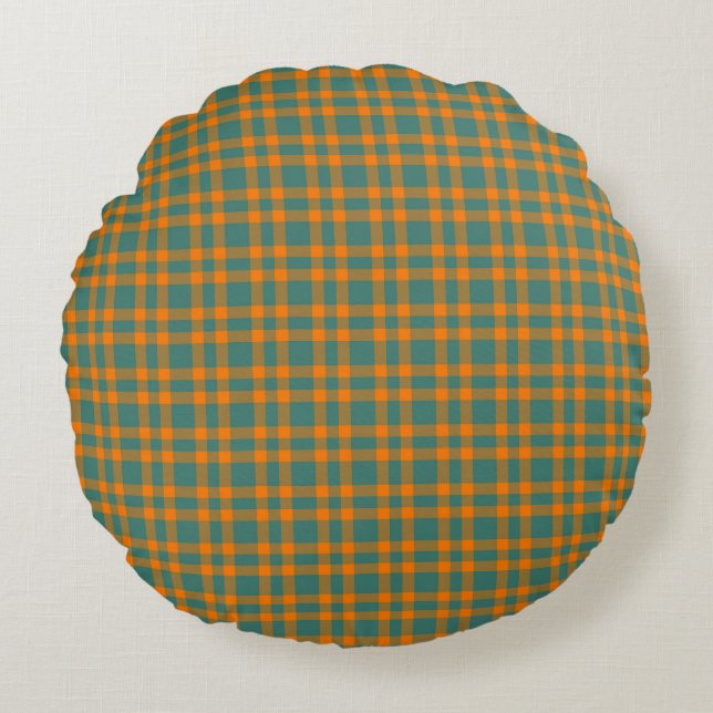 Orange Teal Plaid Pattern Round Cushion (Front)