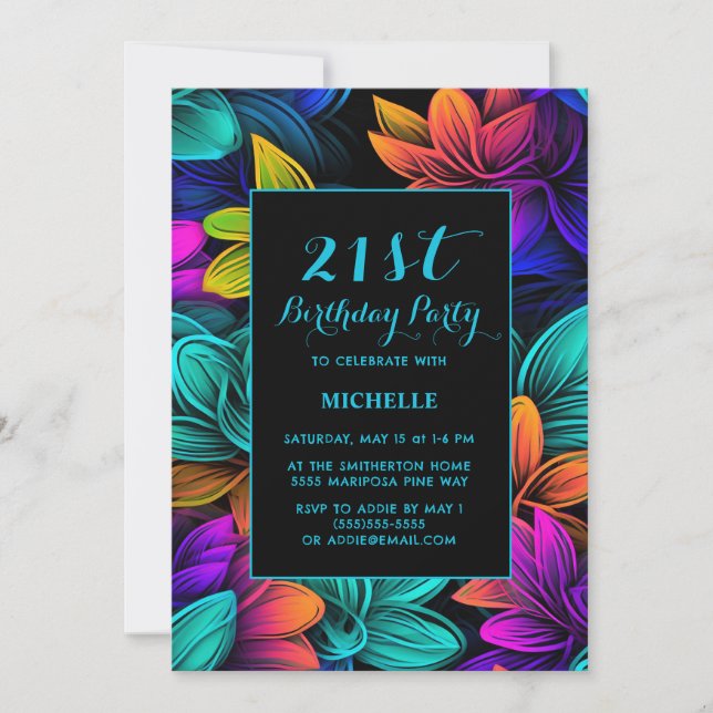 Orange Teal Purple Neon Flowers Any Age Birthday Invitation (Front)
