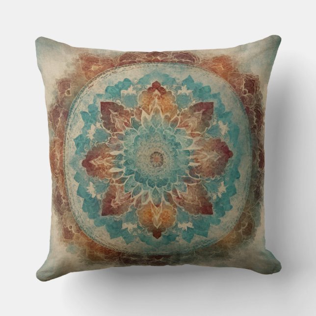 Orange Teal Red Mandala Print Cushion (Back)
