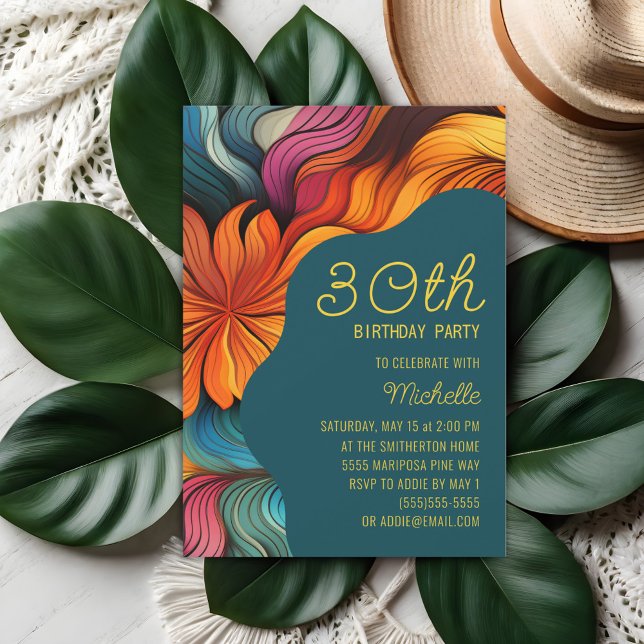 Orange Teal Retro Psychedelic Modern Birthday Invitation (Orange and teal retro, psychedelic curves 30th birthday party invitation)