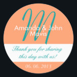 Orange Teal Simple Initial Wedding Favour Thank Yo Classic Round Sticker<br><div class="desc">Aqua White Simple Initial Wedding Favour Thank You Sticker. Personalise your wedding favours with this elegant, simple, stylish wedding sticker with a turquoise and orange and background, bride and groom names and monogram initial along with your thank you message and wedding date printed in elegant text fonts. Design by Elke...</div>