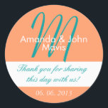 Orange Teal Simple Initial Wedding Favour Thank Yo Classic Round Sticker<br><div class="desc">Aqua White Simple Initial Wedding Favour Thank You Sticker. Personalise your wedding favours with this elegant, simple, stylish wedding sticker with a turquoise and orange and background, bride and groom names and monogram initial along with your thank you message and wedding date printed in elegant text fonts. Design by Elke...</div>