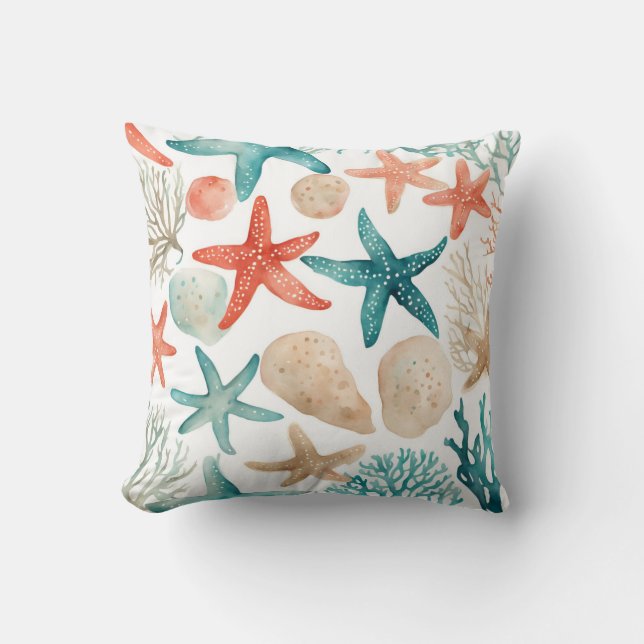 Orange Teal Starfish Beachy Seashell Pattern Cushion (Front)