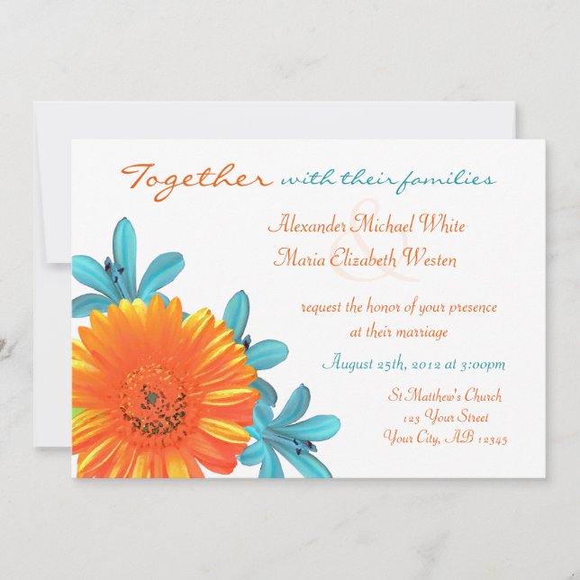 Orange & Teal Summer Flower Wedding Invitations (Front)