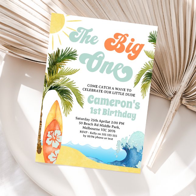 Orange Teal Surf Wave Big One 1st Birthday  Invitation (Editable Boy the Big One Surf 1st Birthday Party Invitation Orange Teal Surf  Surfboard Beach Party )