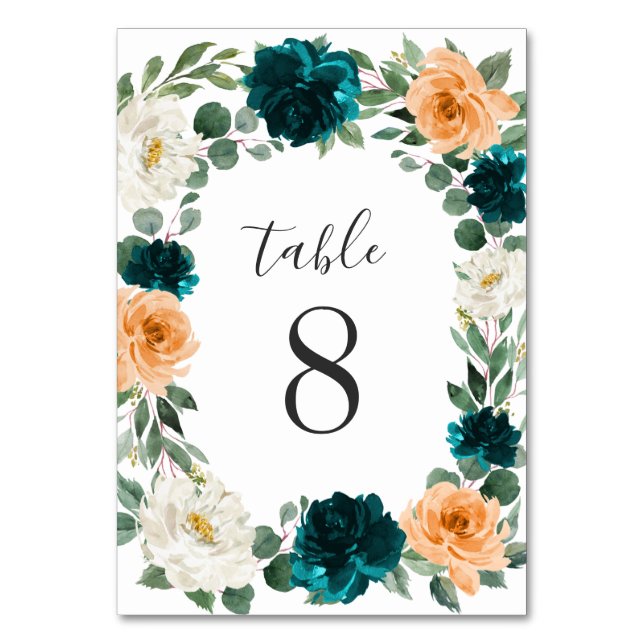 Orange Teal Turquoise Blue Elegant Floral Wedding Table Number (Front)