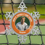 Orange Tennis Player Photo High School Snowflake Pewter Christmas Ornament<br><div class="desc">This cool customized high school tennis player photo gift features white typography of your team and player name on a snowflake Christmas ornament with a cute tennis ball and rackets on orange. Personalize with your student's photograph and class year as a proud sports parent.</div>