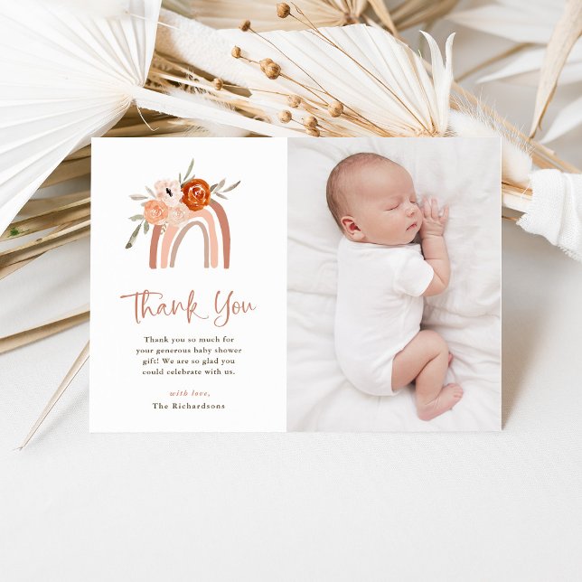 Orange Terracotta Boho | Rainbow Baby Shower Photo Thank You Card (Creator Uploaded)