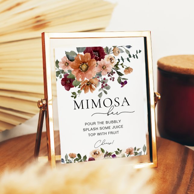 Orange Terracotta Burgundy Floral Mimosa Bar Poster (Creator Uploaded)