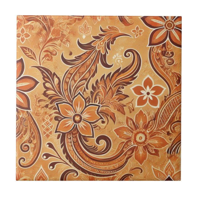 Orange Terracotta Floral Boho Indonesian Batik Tile (Front)