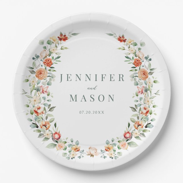 Orange terracotta floral wedding paper plates (Front)