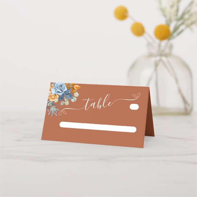 Orange Terracotta Rustic Navy Blue Rust Wedding Place Card (Front)