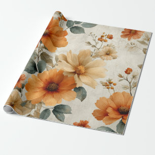 Orange Terracotta Vintage Floral Botanical Wrapping Paper