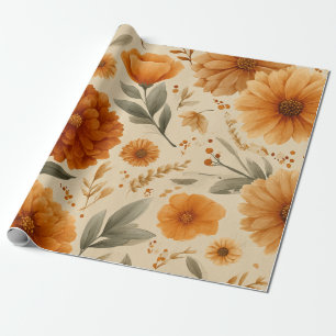 Orange Terracotta Vintage Floral Botanical Wrapping Paper
