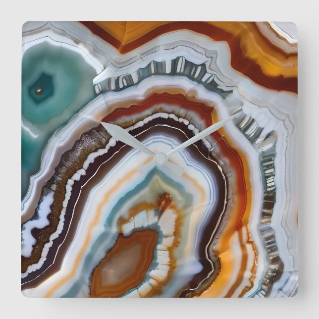 Orange Terracotta White Black Blue Agate Geode Square Wall Clock (Front)