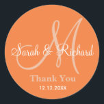Orange Thank You Wedding Monogram Sticker<br><div class="desc">Initial Stickers with bride and groom name, date of wedding and a thank you message to express your gratitude on your wedding day or any special occasion. .More colours are available for your choice . You can also customise the colour and font using the customise it feature button below the...</div>