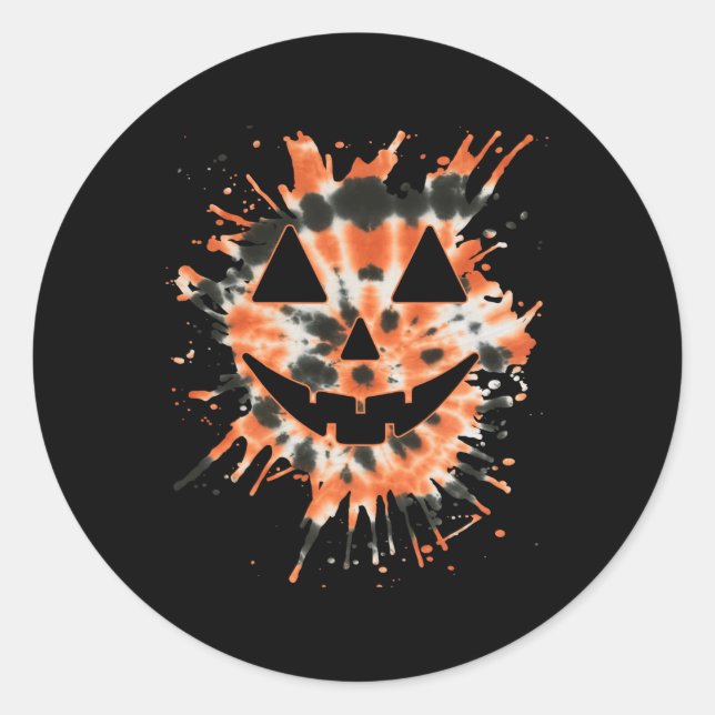Orange Tie Dye Jack O Lantern Face - Hippie Hallow Classic Round Sticker (Front)