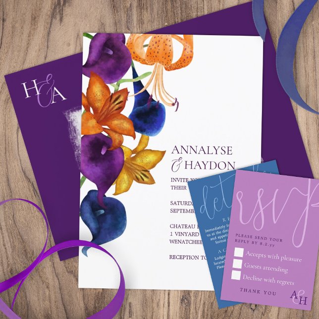Orange Tiger Lilies, Plum Purple, Blue Wedding Invitation (plum purple blue calla lilies lily orange gold tiger lily fall season floral flowers invitations)