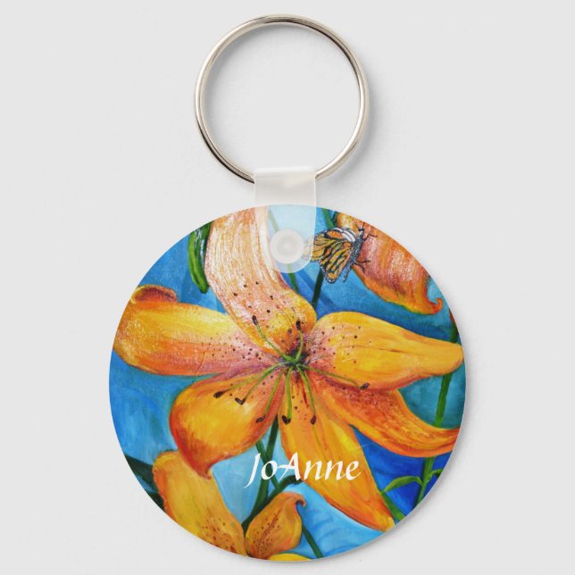 Orange Tiger Lily Floral Personalized Key Ring (Front)