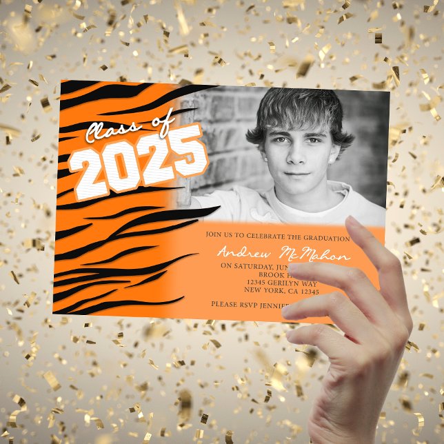 Orange Tiger or Bengal Graduation Photo Invitation (Orange and Black Tiger Print Class of Any Year Graduation Invitations)