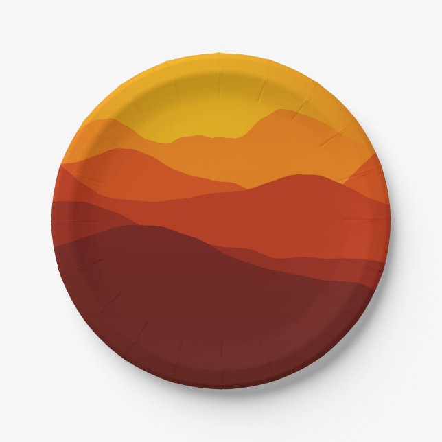 Orange Tones Sunset over Mountain Silhouettes Paper Plate (Front)